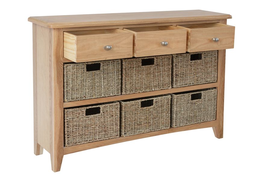 Rosie Oak 3 Drawer Unit With 6 Wicker Baskets | Blue Lagoon Furniture For Burnished Oak 3 Drawer Desks (View 7 of 15)