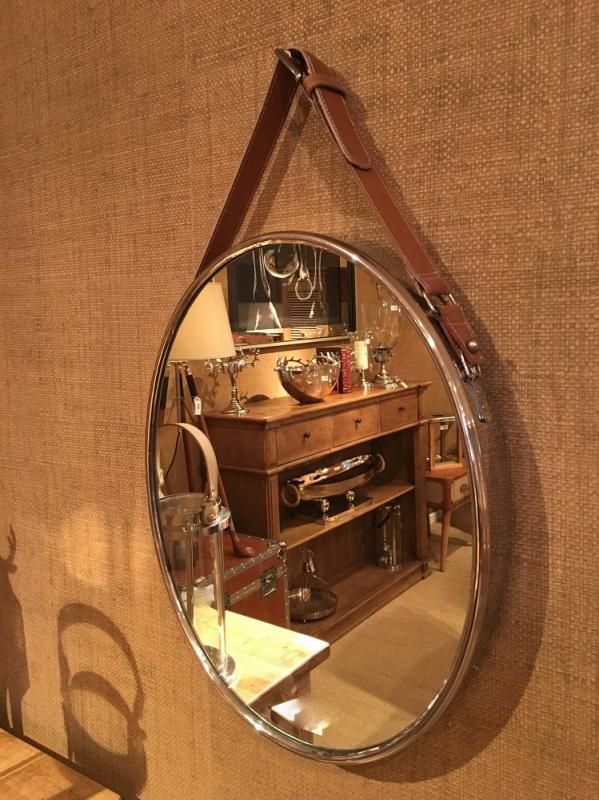 Round Brown Leather Hanging Oval Mirror | Mulberry Moon Throughout Brown Leather Round Wall Mirrors (View 13 of 15)