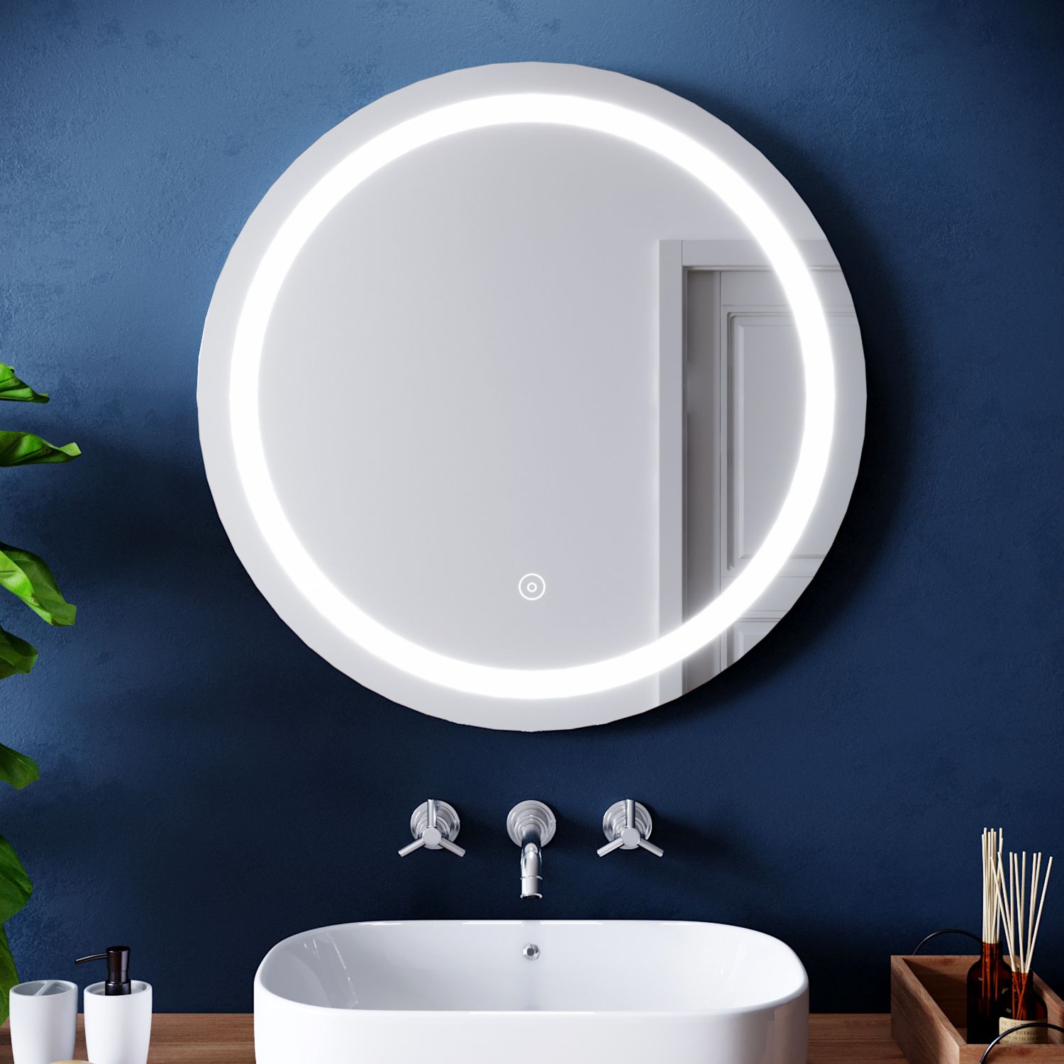 Round Led Bathroom Mirror Demister With White Lights Anti Fog Ip44 Regarding Karn Vertical Round Resin Wall Mirrors (Photo 12 of 15)