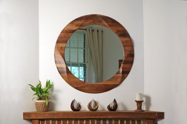 Round Mirror, Large Decorative Round Wooden Wall Mirror, Wooden Mirror Intended For Walnut Wood Wall Mirrors (View 4 of 15)