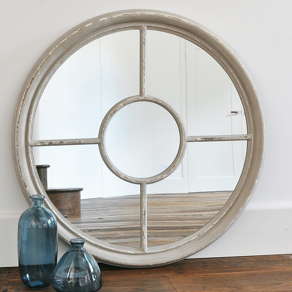 Round Porthole Wall Mirror – Grey Or Antique White | | Primrose & Plum Throughout Window Cream Wood Wall Mirrors (View 2 of 15)