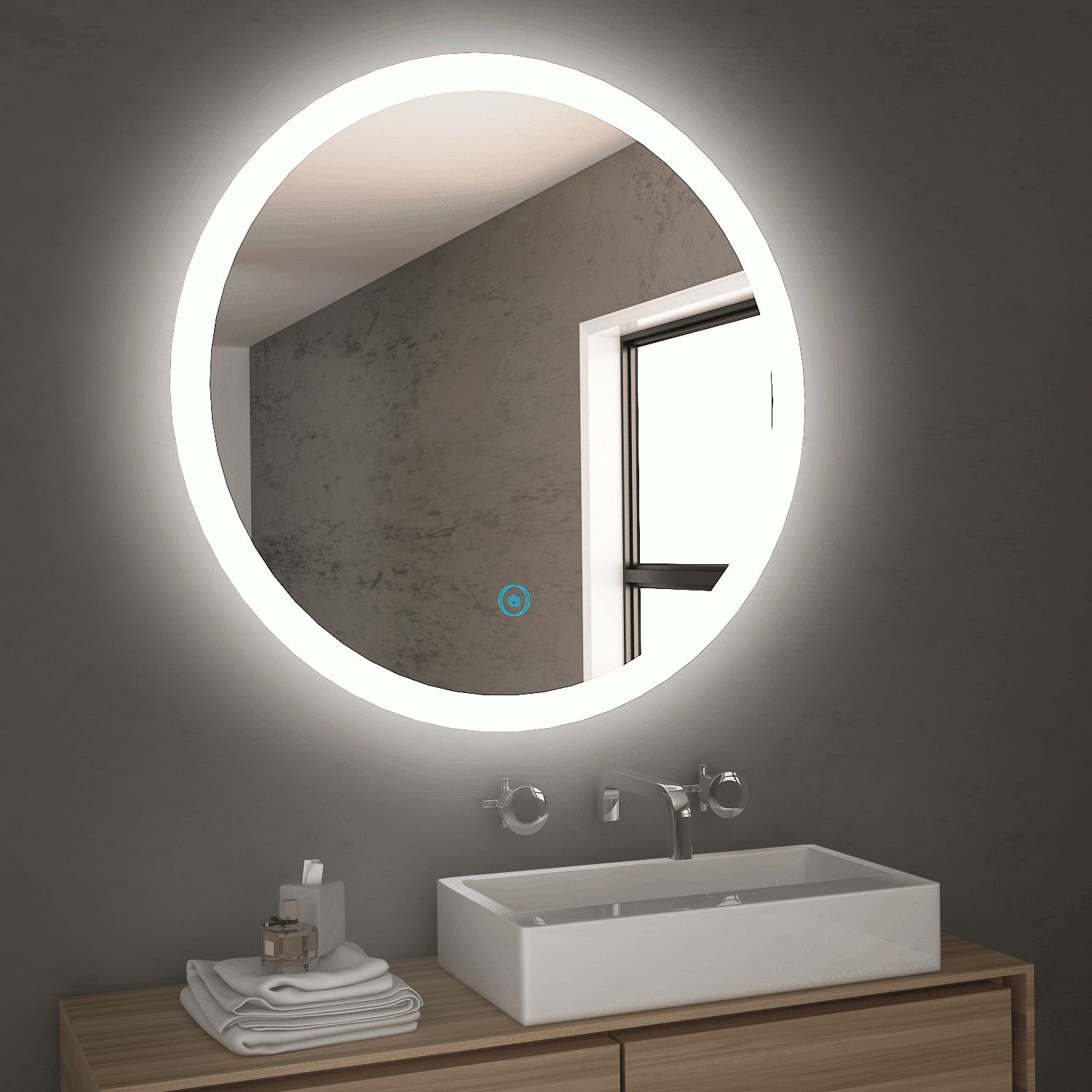 Round/square Bathroom Led Mirror Anti Fogging Touch Switch Wall Mounted With Regard To Edge Lit Square Led Wall Mirrors (Photo 6 of 15)