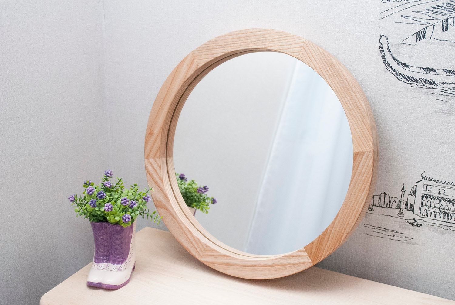 Round Wood Mirror Round Decorative Wall Mirror Ash White | Etsy For Stitch White Round Wall Mirrors (View 1 of 15)