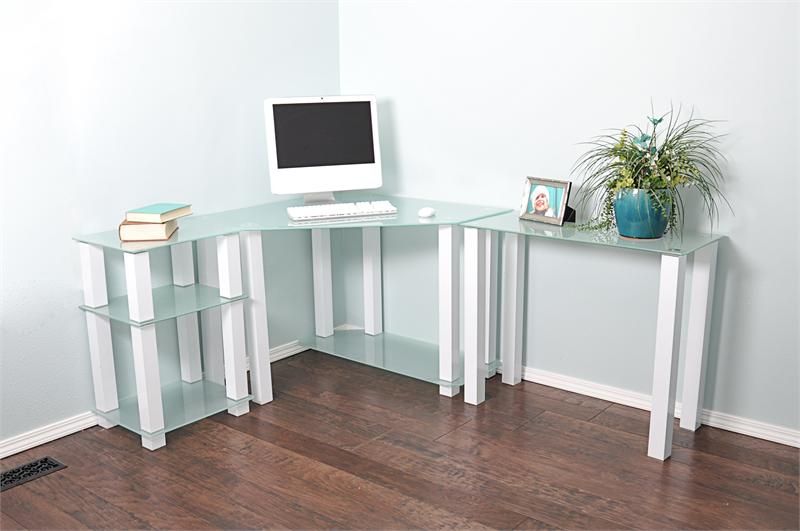 Rta Glass Corner Computer Desk With 2 Side Extension Tables White Ct 013r5w Regarding White Finish Glass Top Desks (View 4 of 15)