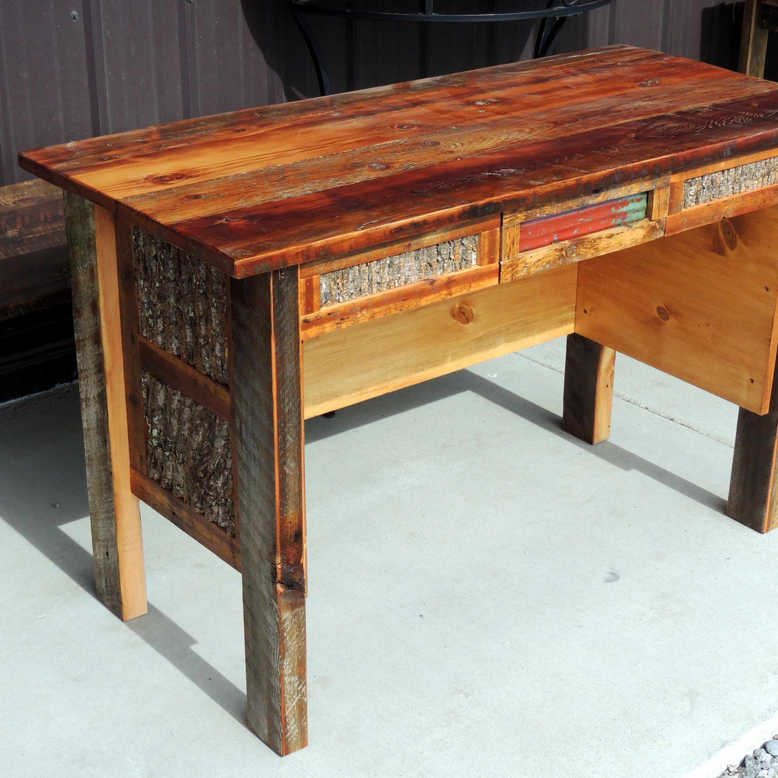 Rustic Barnwood Writing Desk With Red Tin In Drawer And Bark Inset On Pertaining To Rustic Acacia Wooden Writing Desks (View 2 of 15)