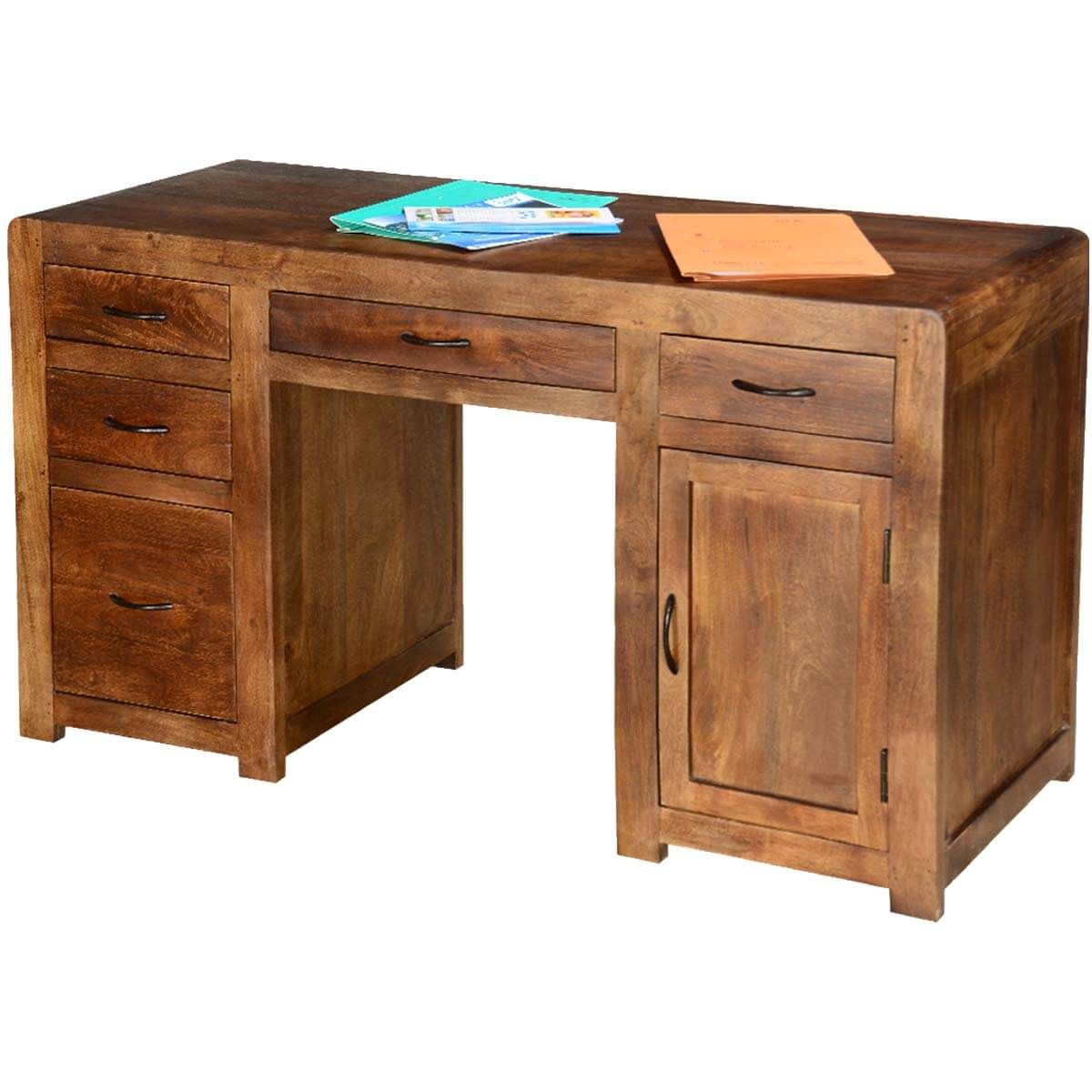 Rustic Classic Pedestal Storage Desk With 5 Drawer N Cabinet Intended For Hickory Wood 5 Drawer Pedestal Desks (View 12 of 15)