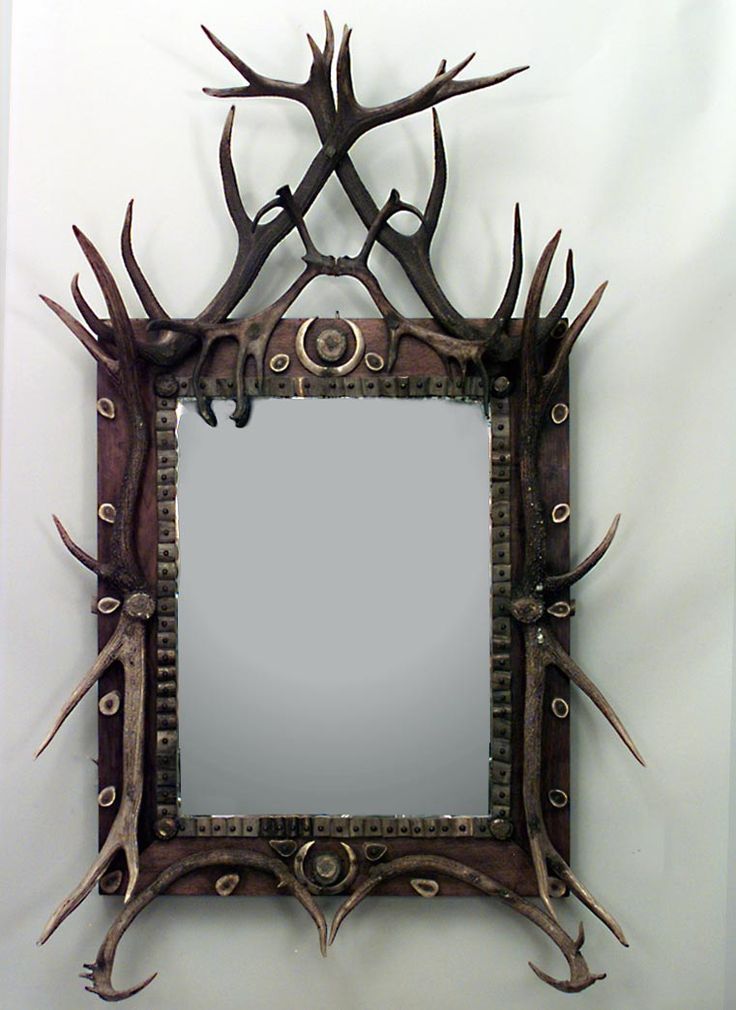Rustic Continental (german) Oak Vertical Wall Mirror With Horn & Antler Intended For Western Wall Mirrors (View 4 of 15)