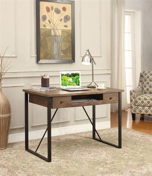 Rustic Walnut Black Wood Metal Writing Desk | Modern Home Office Intended For Black Glass And Walnut Wood Office Desks (View 5 of 15)