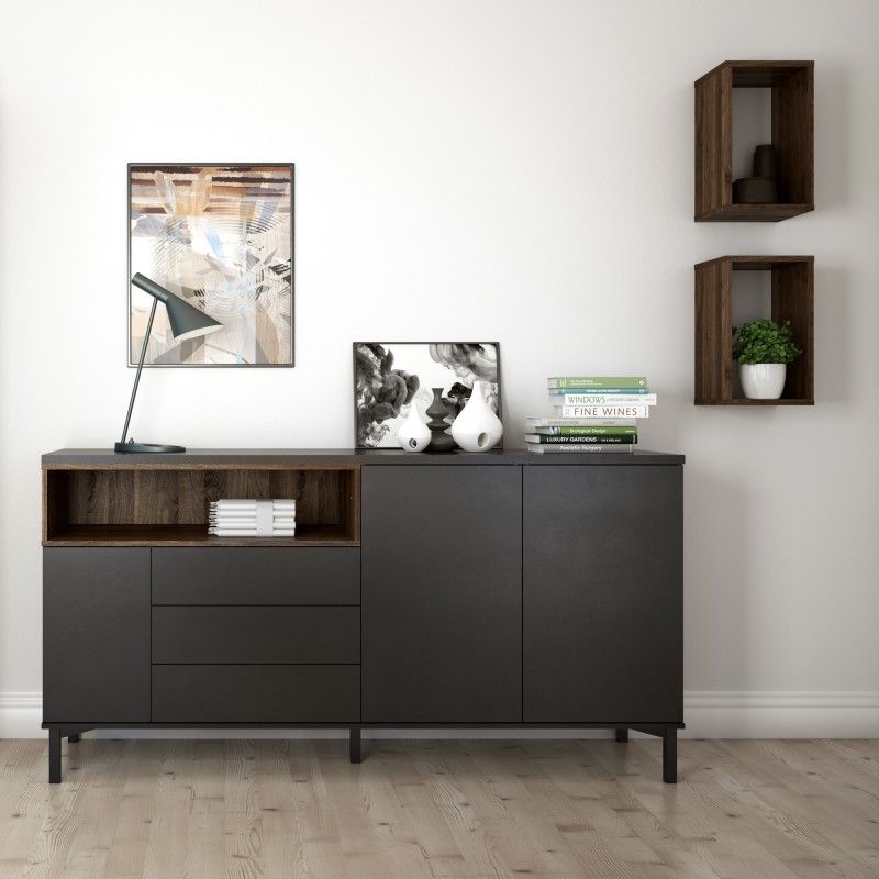 Ry Sideboard 3 Drawers 3 Doors In Black And Walnut Pertaining To Most Recently Released Cleveland Server (Photo 12 of 20)