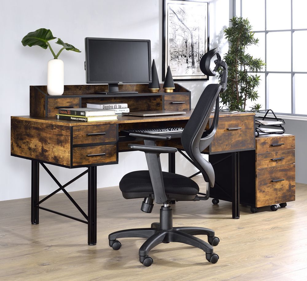 Safea Weathered Oak Wood/black Metal 5 Drawer Office Deskacme Throughout Black And Cinnamon Office Desks (View 7 of 15)