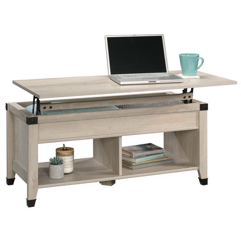 Sauder Carson Forge Lift Top Wood And Metal Coffee Table In Chalked Regarding Metal And Chestnut Wood 2 Shelf Desks (View 11 of 15)