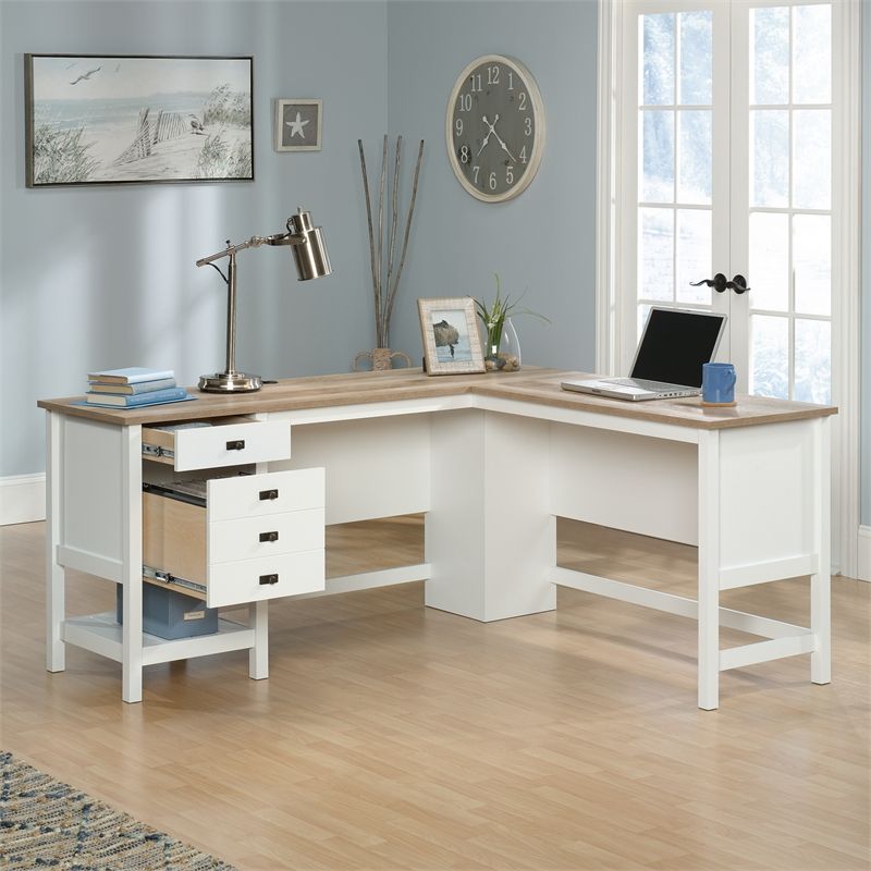 Sauder Cottage Road Engineered Wood L Shaped Home Office Desk In Soft With Regard To White Wood And Gold Metal Office Desks (View 4 of 15)