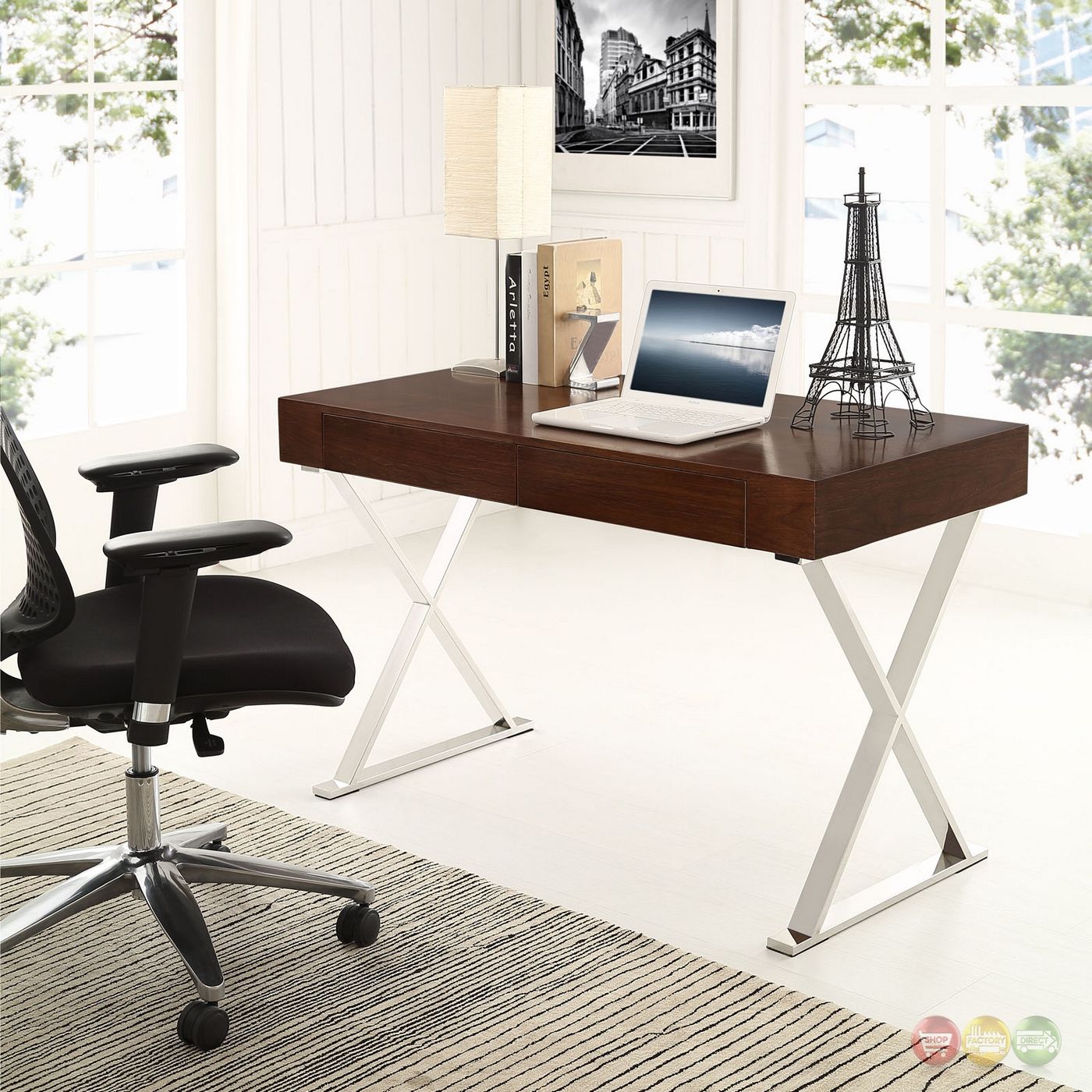 Sector Modern Office Desk With Wood Top & Stainless Steel Frame, Walnut Pertaining To Walnut Wood And Black Metal Office Desks (View 3 of 15)