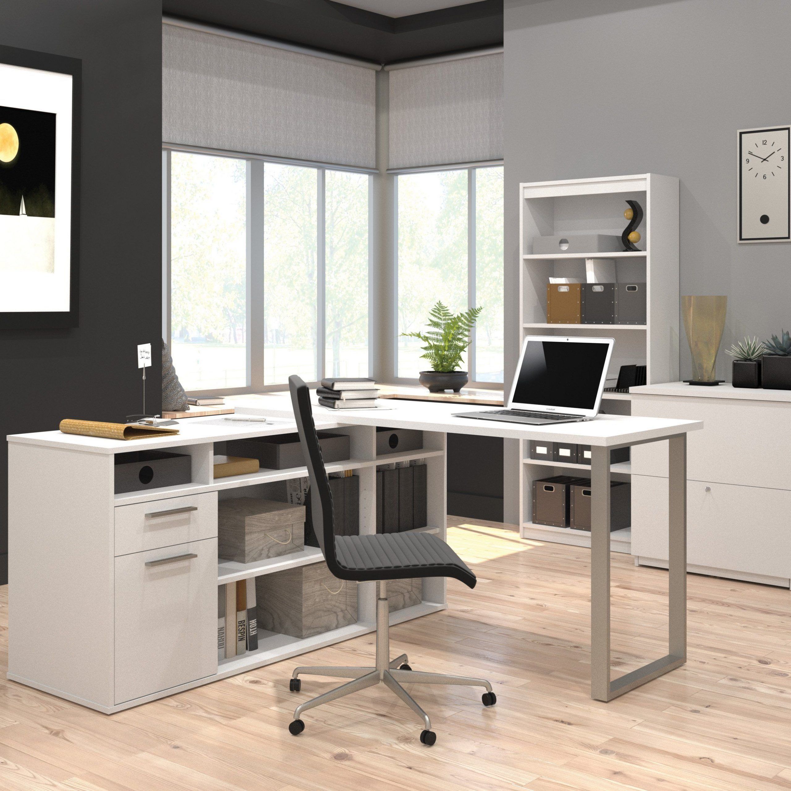 Set Of 3: L Shaped Desk, Lateral File, & Bookcase In White Finish With White Finish Office Study Work Desks (View 3 of 15)