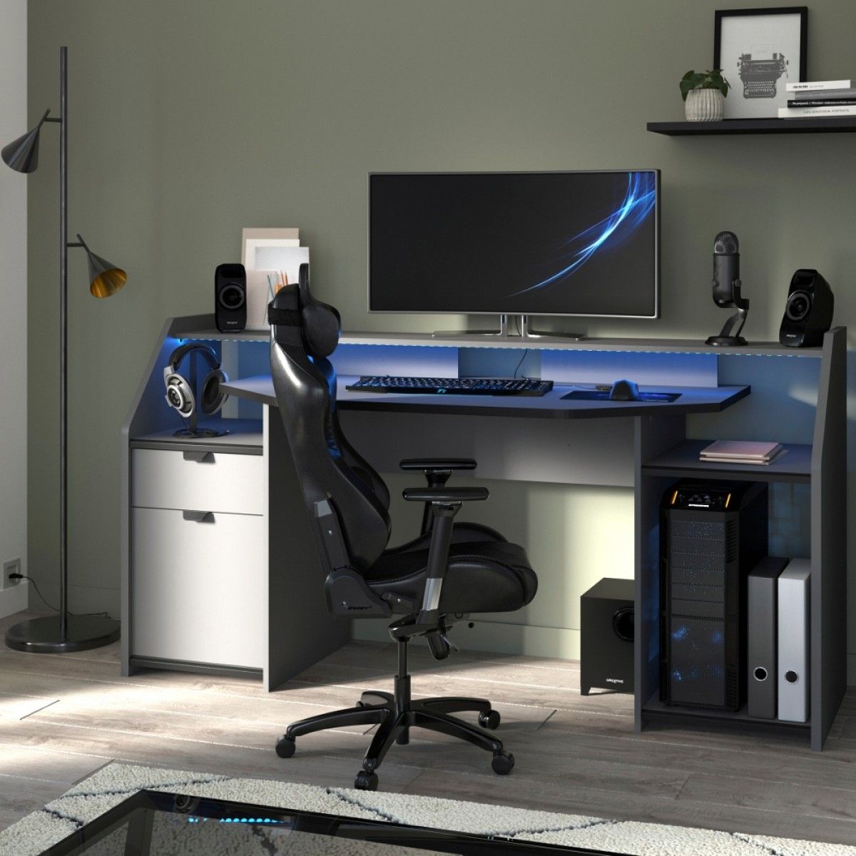 Setup Large Grey Gaming Desk With Leds Pertaining To Large Frosted Glass Aluminum Desks (Photo 3 of 15)