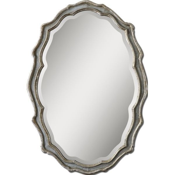 Shop 36" Antique Silver Leaf & Slate Blue Scalloped Framed Beveled Oval Regarding Gold Scalloped Wall Mirrors (View 10 of 15)