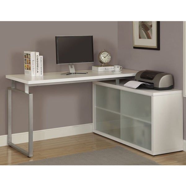 Shop White L Shaped Desk With Frosted Glass – Overstock – 8334608 Throughout White Glass And Natural Wood Office Desks (View 1 of 15)