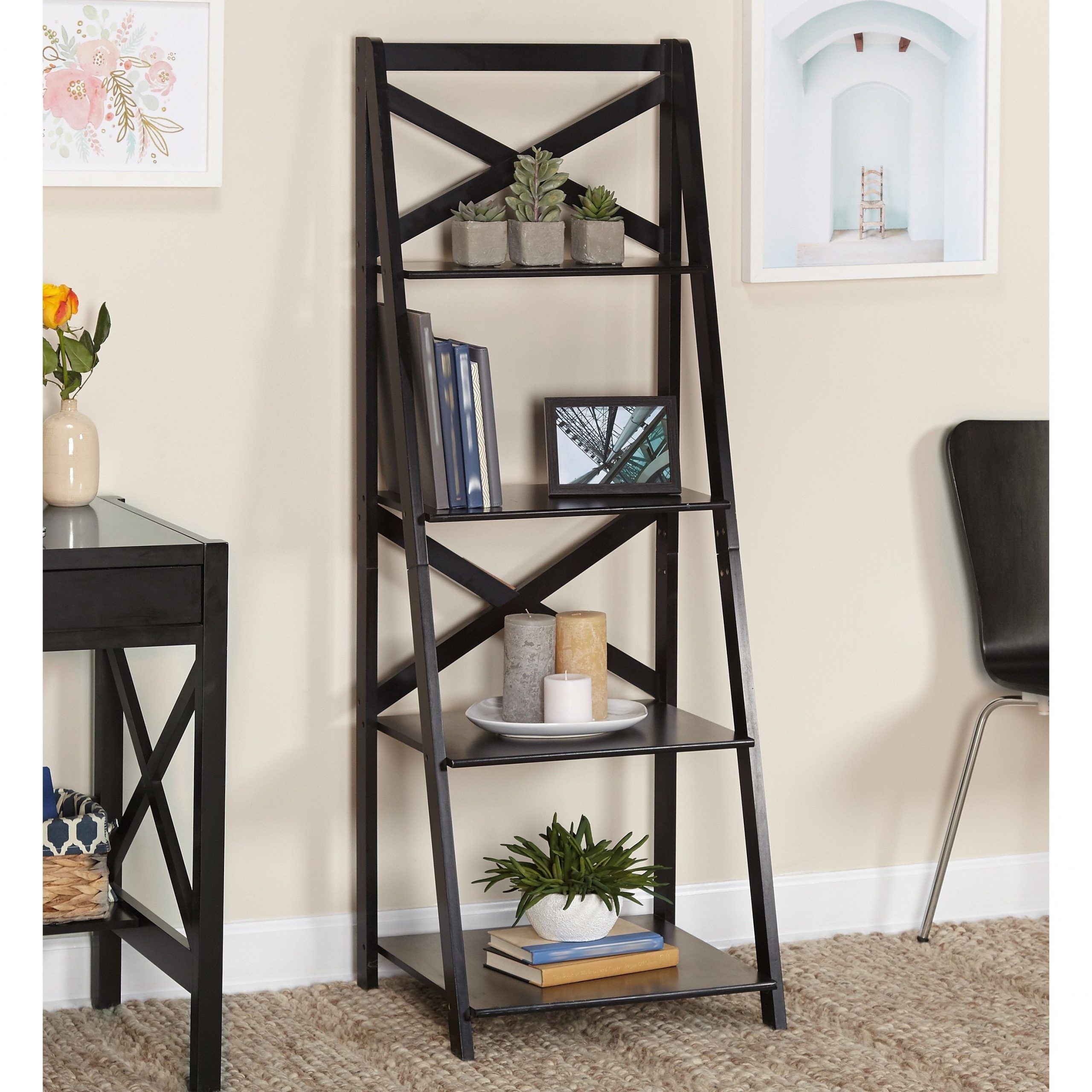 Simple Living Black Wood X Back 4 Tier Ladder Shelf En 2019 | Products Inside 2 Shelf Black Ladder Desks (View 5 of 15)