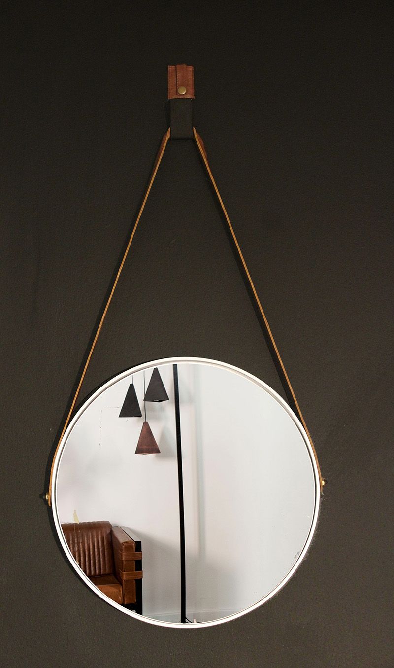Small Round Mirror – White – Leather Strap » Dark Horse Inside Black Leather Strap Wall Mirrors (View 2 of 15)