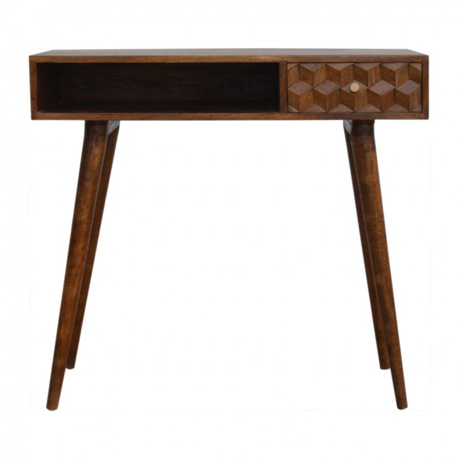 Solid Mango Wood Chestnut Cube Carved Writing Desk With 1 Drawer & 1 Within Mango Wood Writing Desks (View 14 of 15)