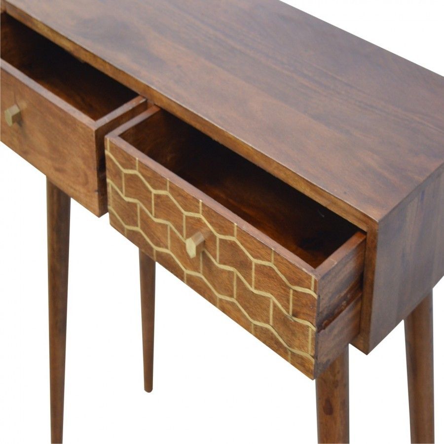 Solid Mango Wood Oak Finished 2 Drawer Chestnut Writing Desk With Gold In Mango Wood Writing Desks (View 11 of 15)