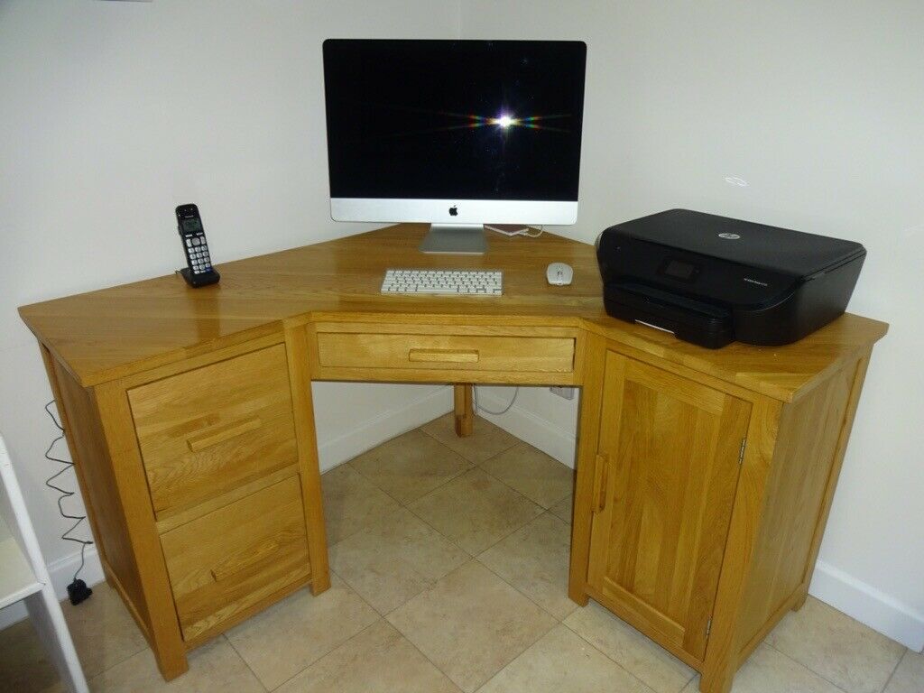 Solid Oak Corner Desk With 2 A4 File Drawers, Keyboard Drawer And With Regard To Corner Desks With Keyboard Shelf (View 14 of 15)