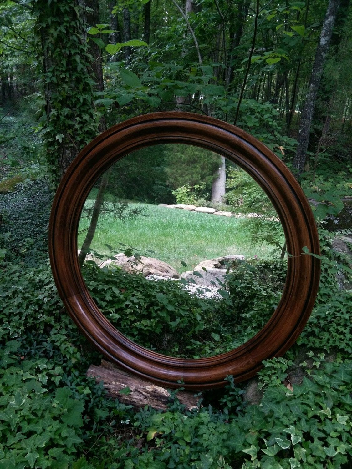 Solid Wood Mirror Large Round Mirror Rustic Mirror 40 Inch Pertaining To Rustic Black Round Oversized Mirrors (Photo 7 of 15)