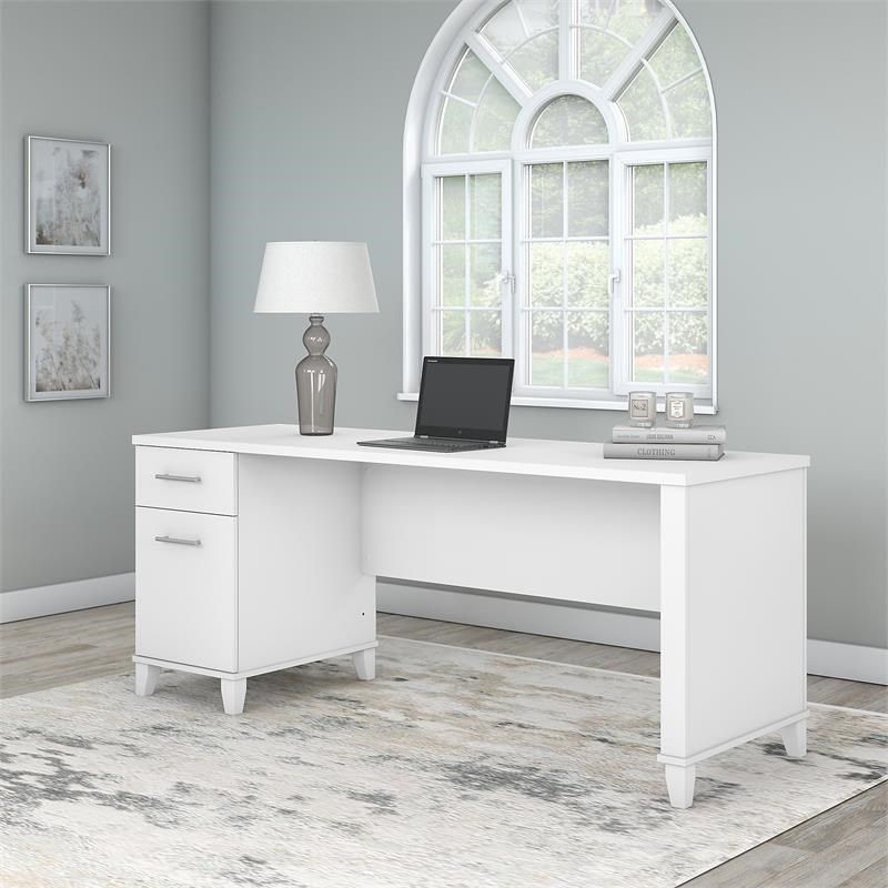Somerset 72w Office Desk With Drawers In White – Engineered Wood – Wc81972 Throughout White Wood And Gold Metal Office Desks (View 14 of 15)