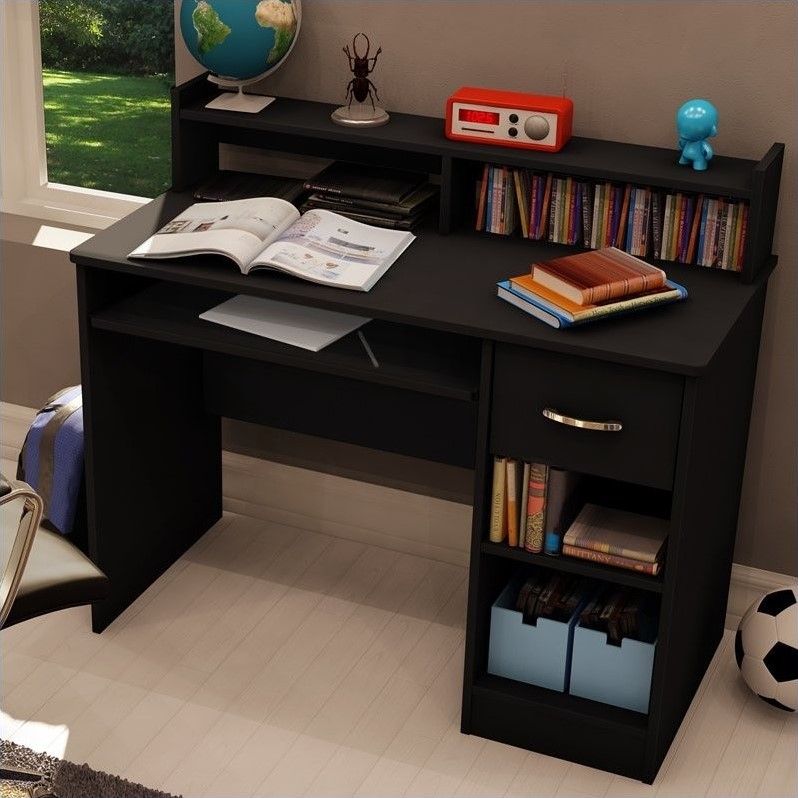 South Shore Axess Small Wood Computer Desk With Hutch In Pure Black For Elm Wood Black Desks (Photo 3 of 15)