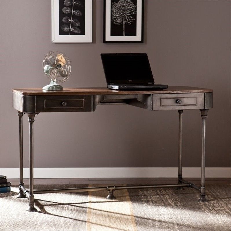 Southern Enterprises Edison Industrial 2 Drawer Desk In Gray – Ho9052 With Smoke Gray Computer Writing Desks (Photo 1 of 15)