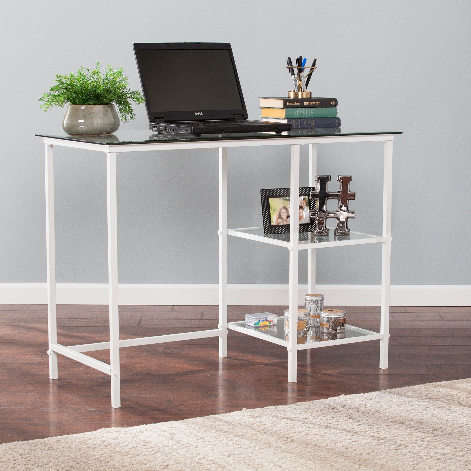 Southern Enterprises Layton Metal/glass Student Desk – White – Walmart With Glass White Wood And Black Metal Office Desks (View 15 of 15)