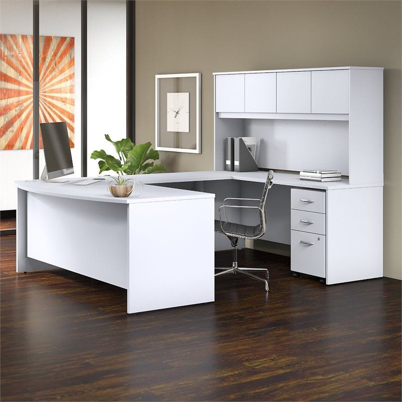 Studio C 72w U Shaped Desk With Hutch And Mobile File Cabinet In White For White Traditional Desks Hutch With Light (View 8 of 15)