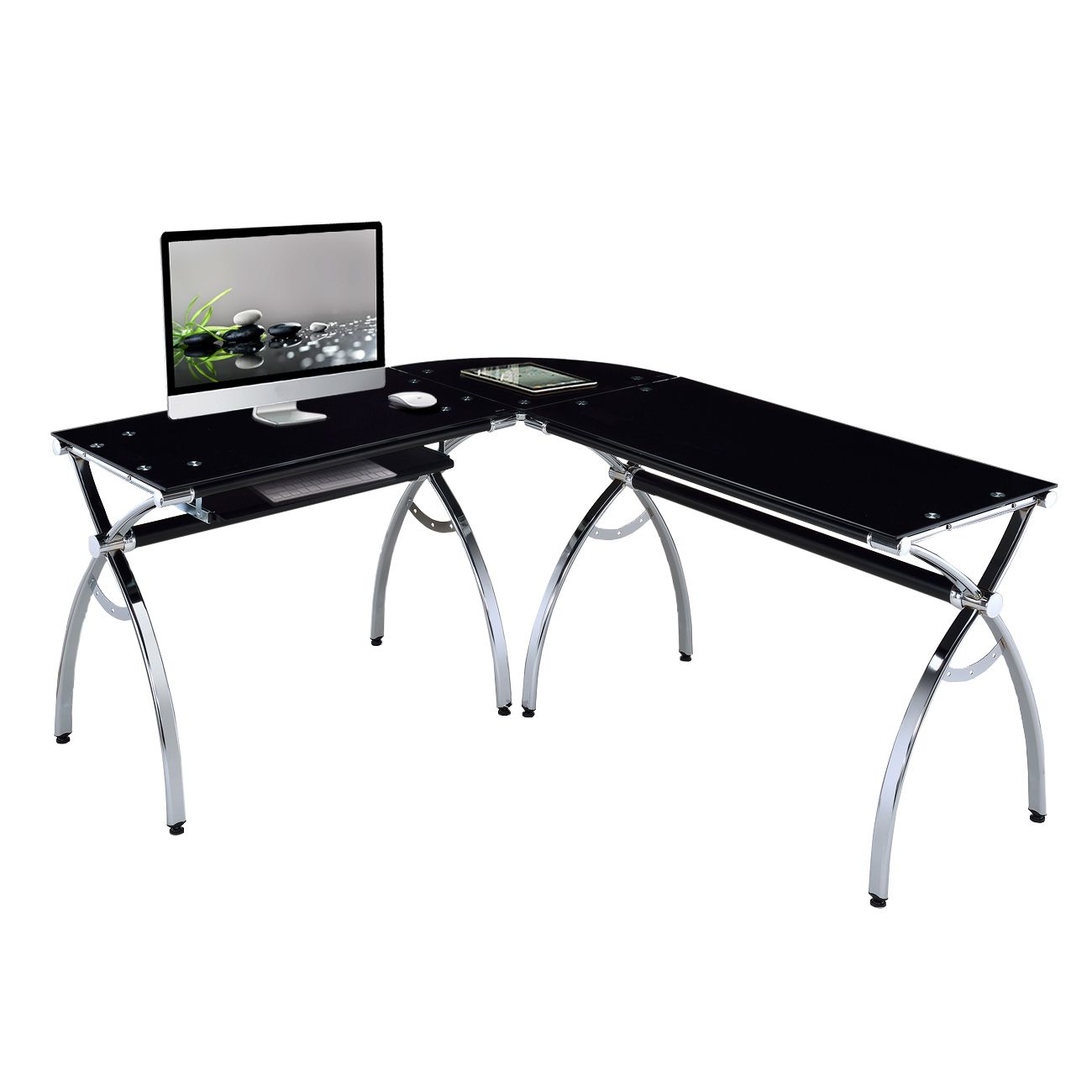 Techni Mobili L Shaped Black Tempered Glass Top Corner Desk With Pull Regarding Matte Black Corner Desks With Keyboard Shelf (View 5 of 15)