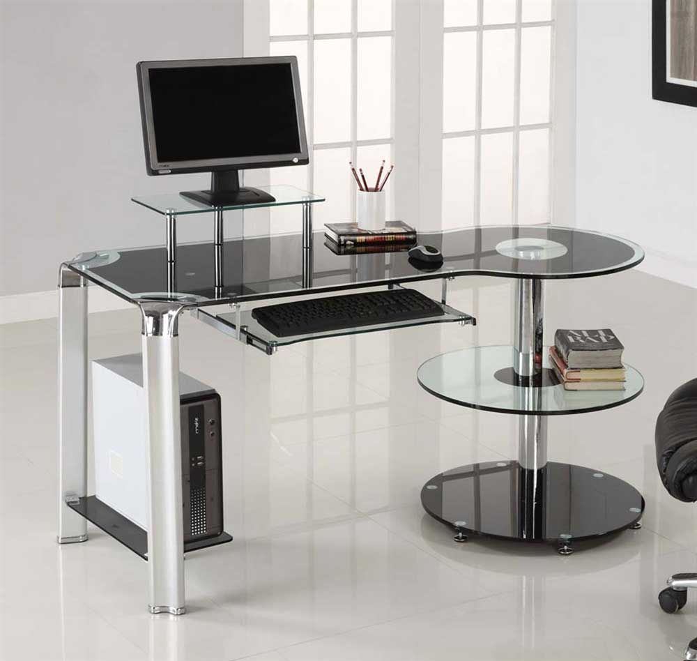 Tempered Glass Desk Design And Style With Regard To Black Glass And Natural Wood Office Desks (Photo 15 of 15)
