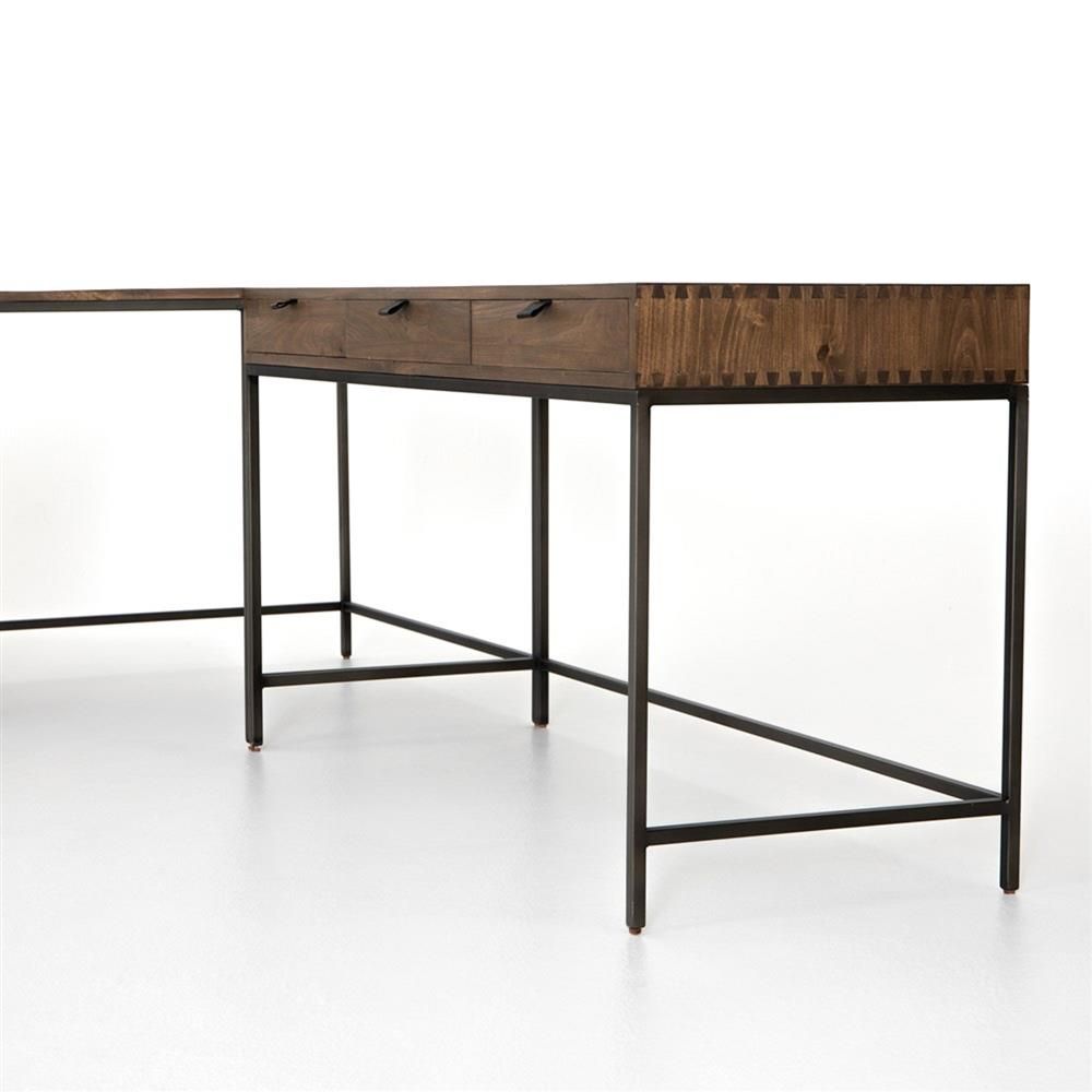 Theodore Industrial Loft Brown Wood Iron Corner Desk Set | Kathy Kuo Home Throughout Distressed Brown Wood 2 Tier Desks (View 14 of 15)