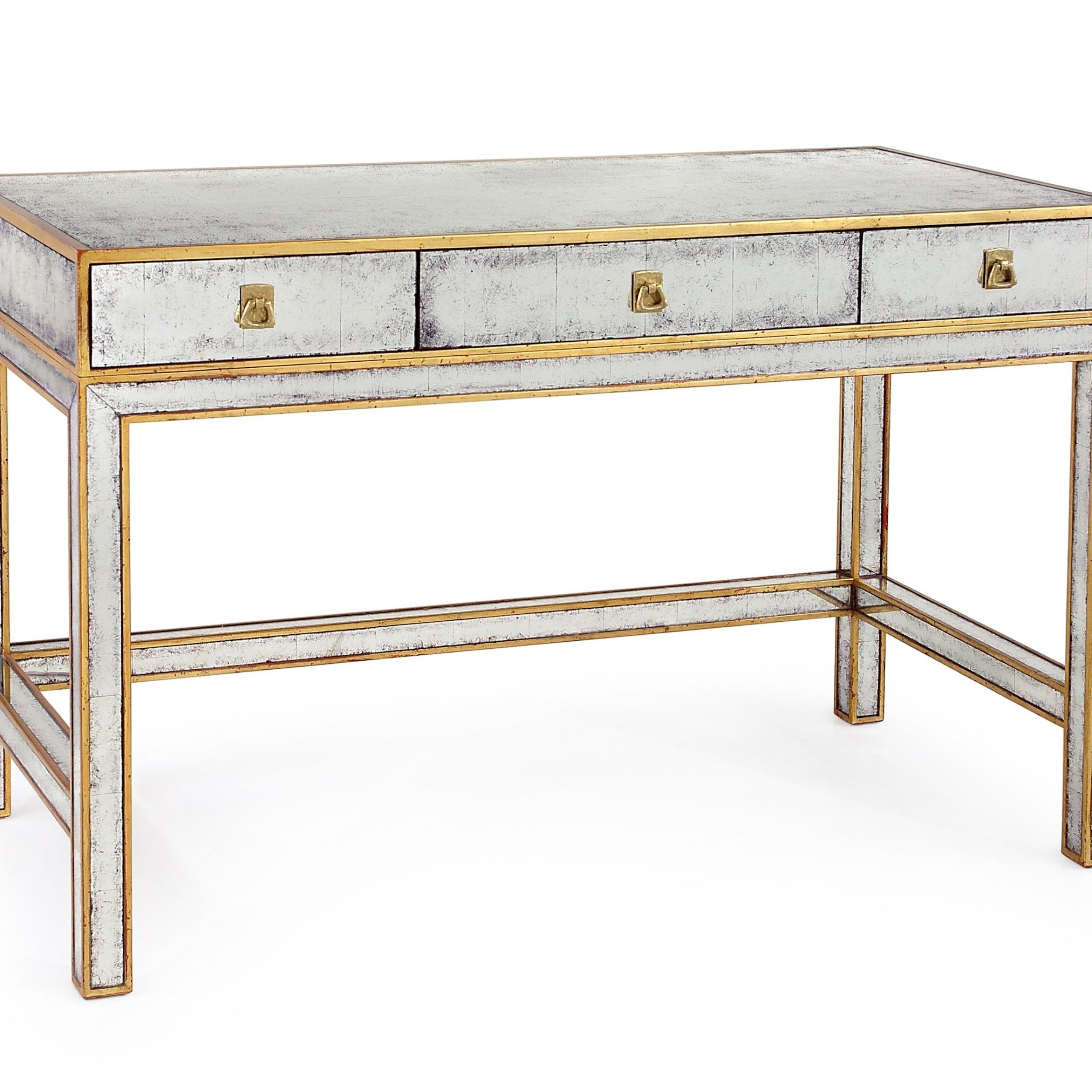 Three Drawer Writing Desk With Eglomise And Gold Leaf | Writing Table Regarding Gold And Wood Glam Modern Writing Desks (View 9 of 15)