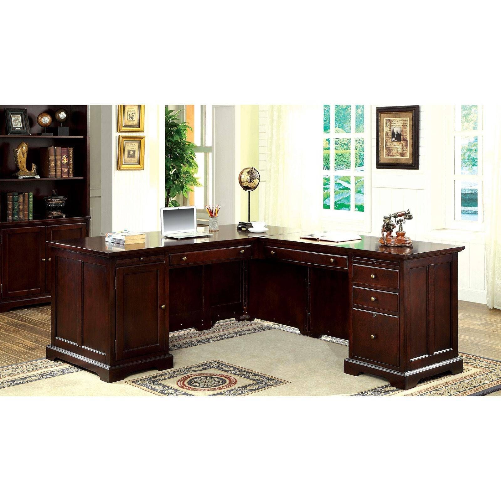 Transitional Wood Corner Desk In Brown Desmontfurniture Of America With Black Glass And Natural Wood Office Desks (Photo 12 of 15)