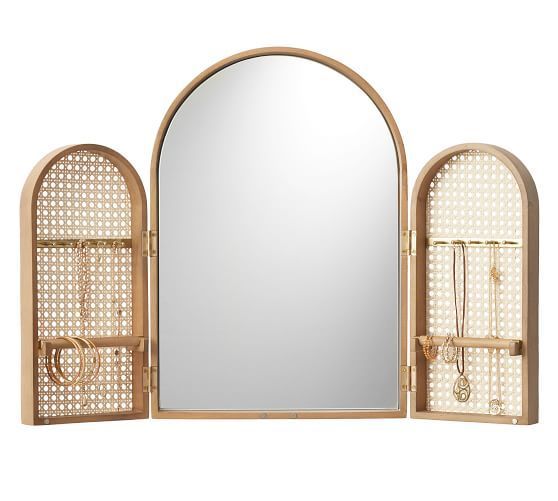 Tri Fold Mirror With Caned Jewelry Holder | Trifold Mirror, Mirror In Bracelet Traditional Accent Mirrors (View 11 of 15)