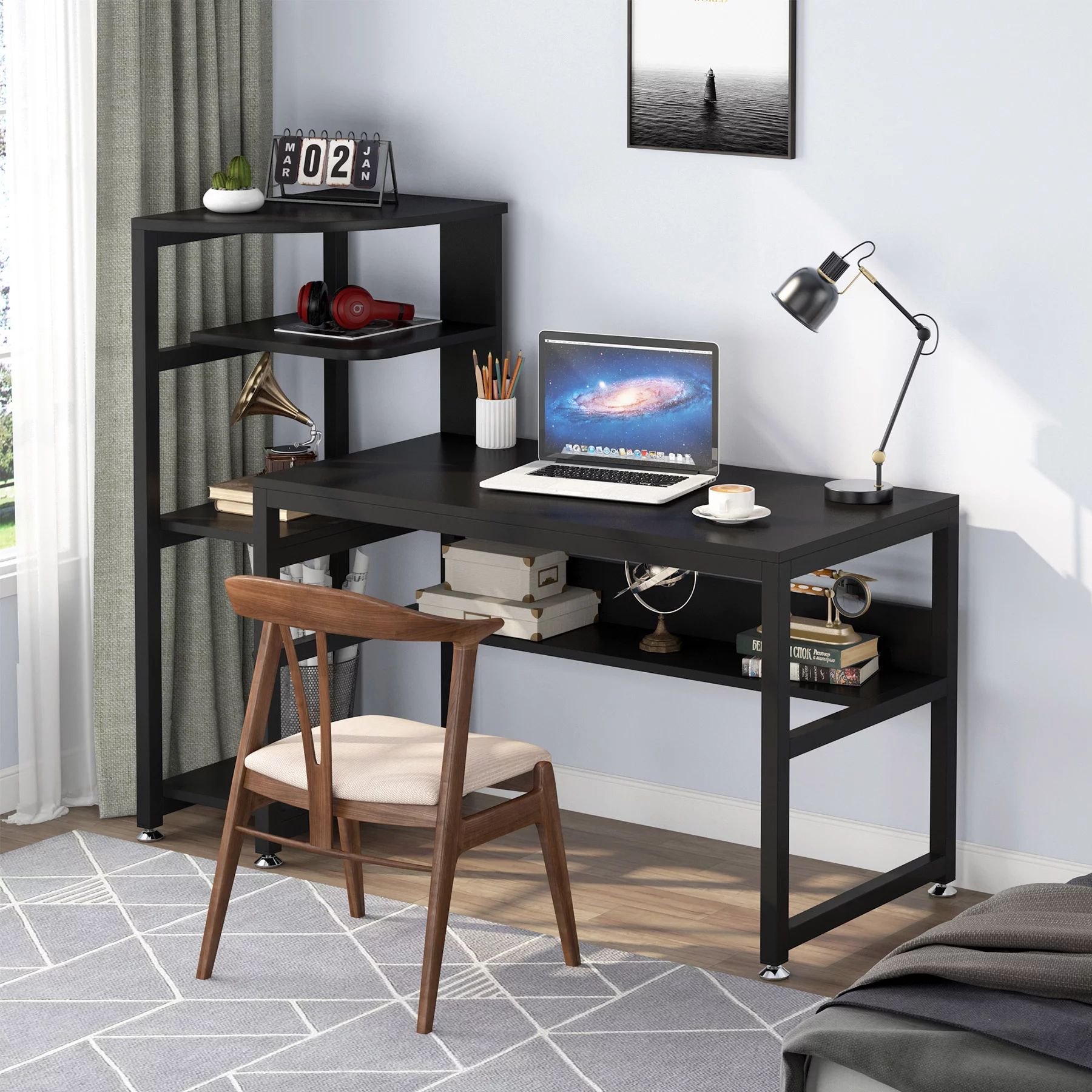 Tribesigns Computer Desk With 4 Tiers Shelves And Hutch, Modern 58 Inch In Black Finish Modern Computer Desks (View 3 of 15)