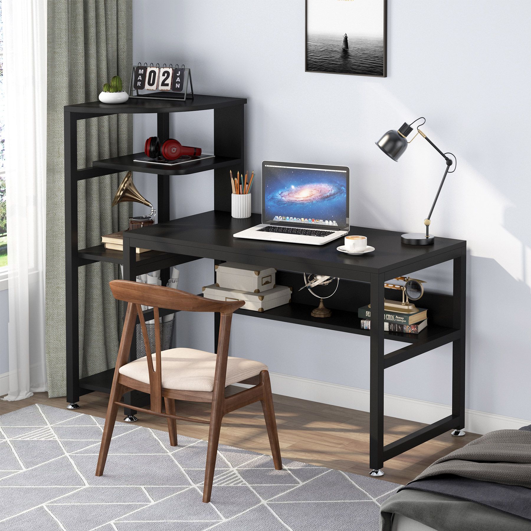 Tribesigns Computer Desk With 4 Tiers Shelves And Hutch, Modern 58 Inch Intended For Black And Silver Modern Office Desks (View 1 of 15)