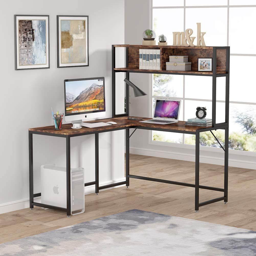 Tribesigns L Shaped Desk With Hutch Bookshelf, 55 Inches Metal And Wood For Rustic Brown Corner Desks (View 9 of 15)