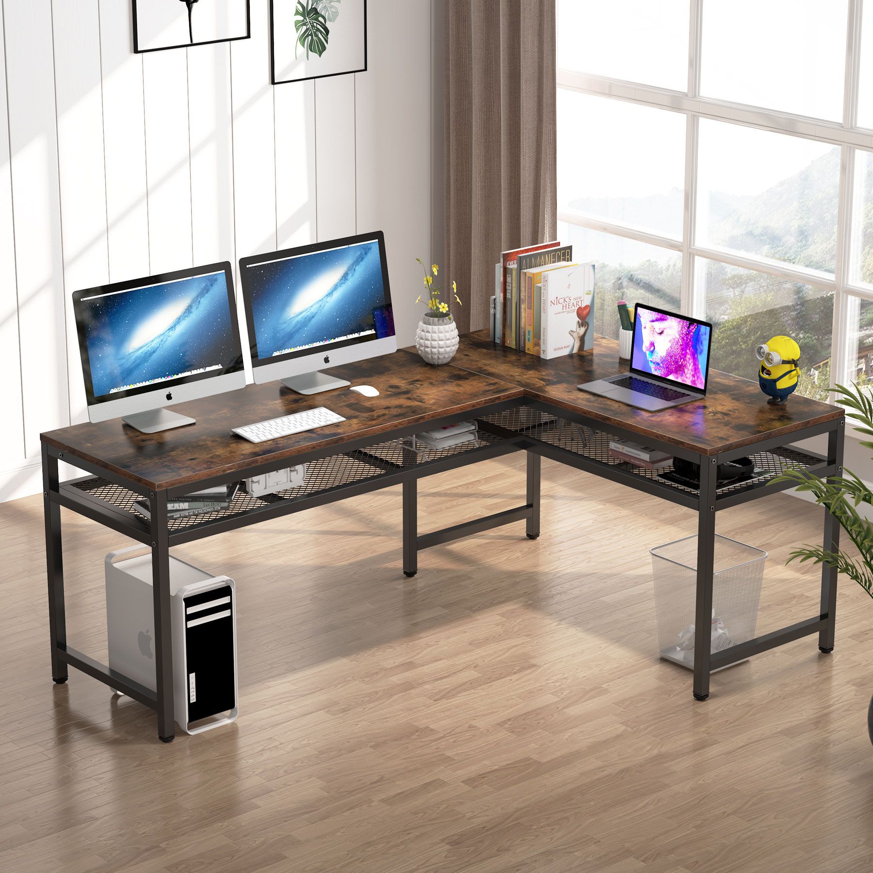 Tribesigns L Shaped Desk With Storage Shelf, Rustic 66 Inch Corner Pertaining To Rustic Brown Corner Desks (View 12 of 15)