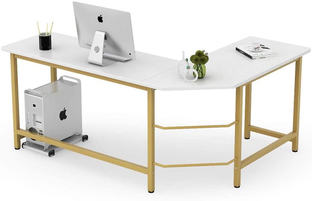 Tribesigns Modern L Shaped Desk, Corner Computer Office Desk Pc Laptop Throughout Tempered Glass And Gold Metal Office Desks (View 3 of 15)
