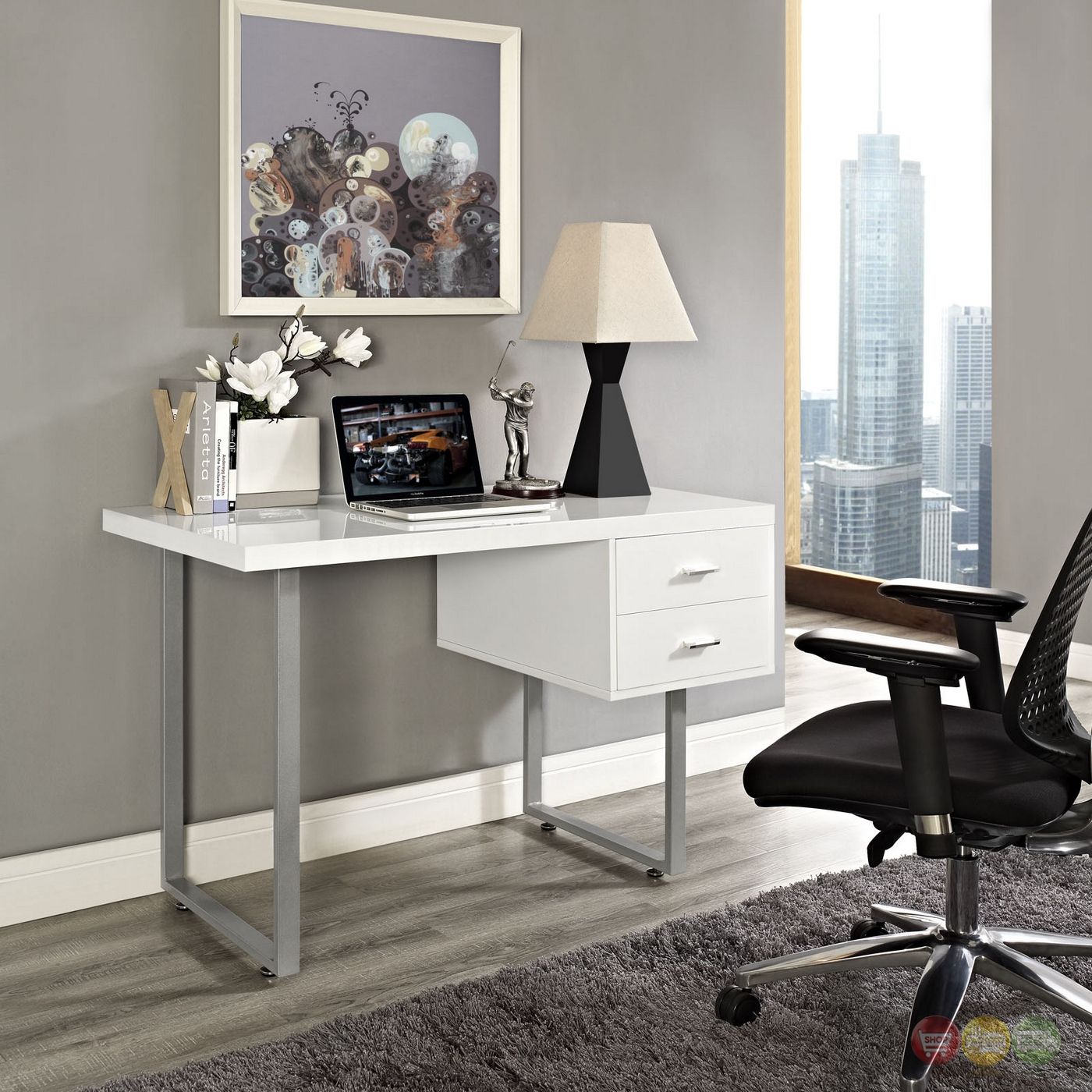Turn Contemporary 2 Drawer Office Desk With High Gloss Finish, White With White Finish Office Study Work Desks (View 7 of 15)
