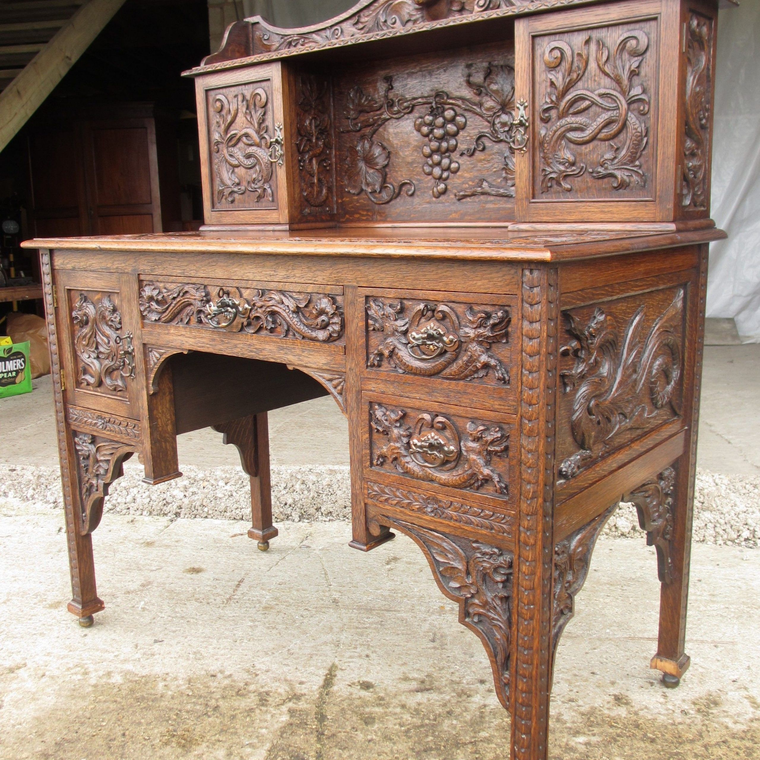 Unusual Victorian Serpentine Carved Oak Writing Desk | 638847 Throughout Reclaimed Oak Leaning Writing Desks (View 10 of 15)