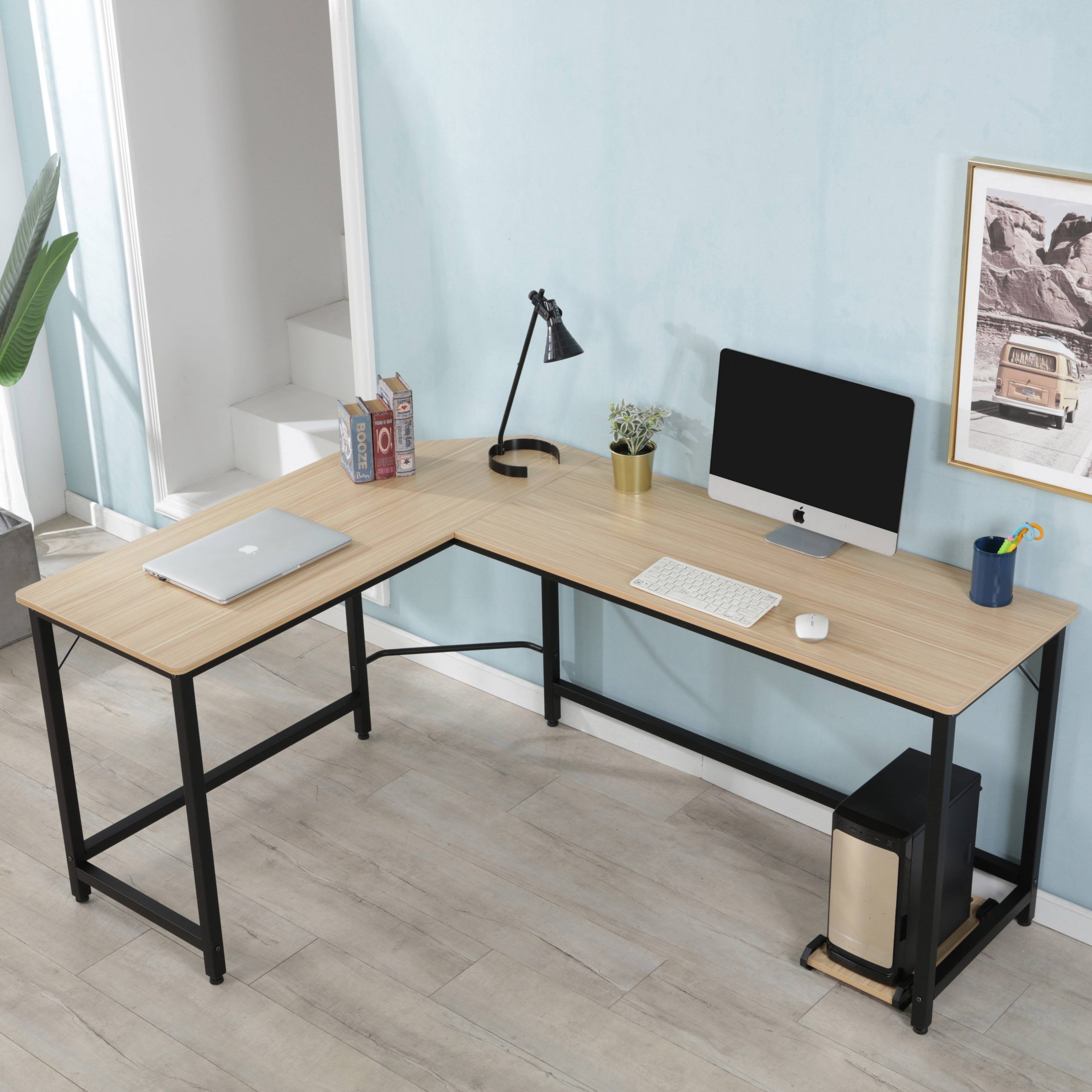 Urhomepro Modern Simple Office Desk, Heavy Duty Corner Computer Desk Within Black Wood And Metal Office Desks (Photo 2 of 15)
