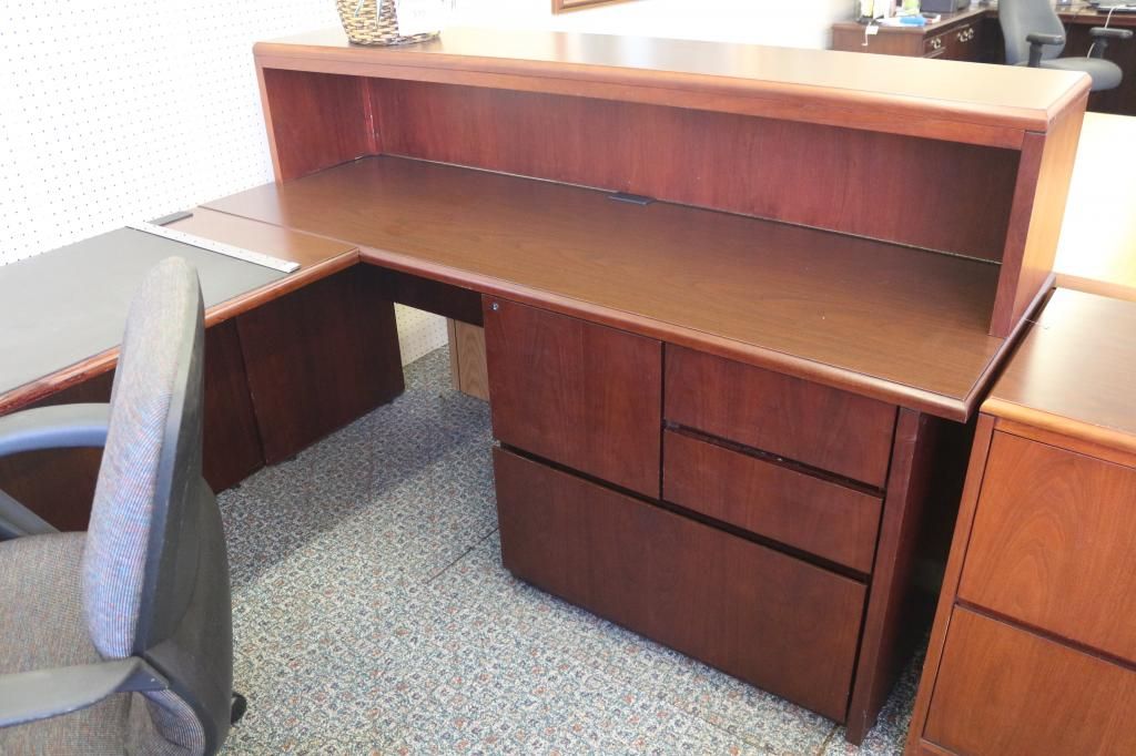 Used Office Desks : Kimball U Group Desk Dark Walnut Veneer Hutch At Intended For Glass White Wood And Walnut Metal Office Desks (View 6 of 15)