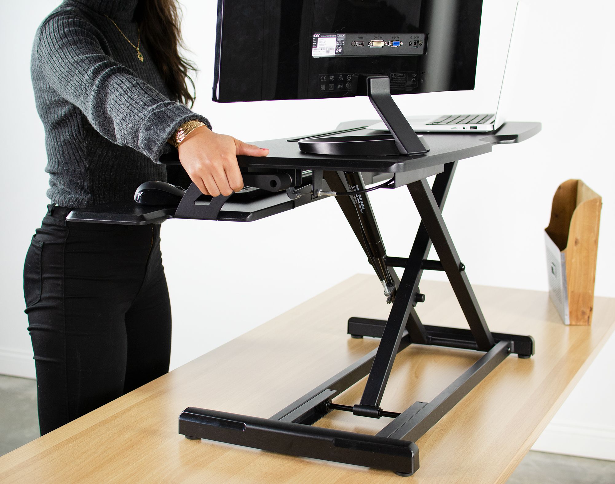 Used Vivo Black Height Adjustable Standing Desk Riser 33" Sit Stand Within Cherry Adjustable Stand Up Desks (View 7 of 15)