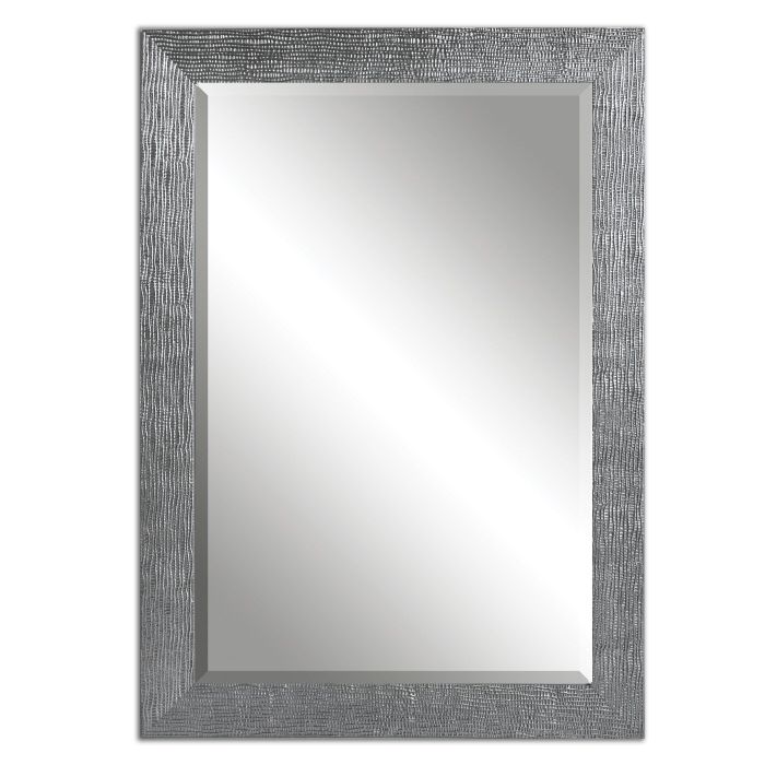 Vanity Silver Gray Rectangular Beveled Wall Mirror Large 42" Modern Regarding Rectangular Grid Wall Mirrors (View 13 of 15)
