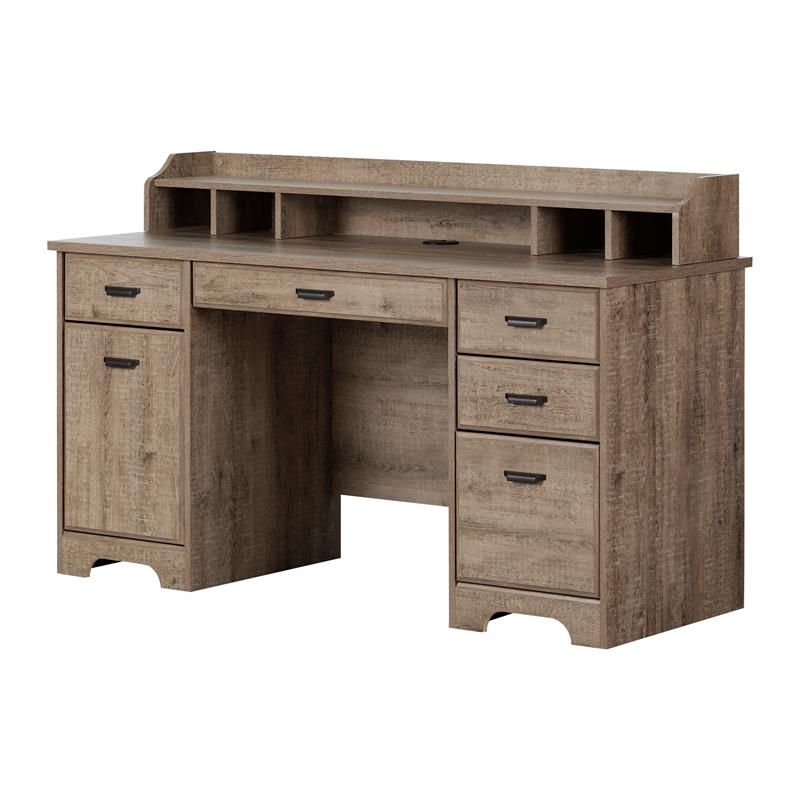 Versa Computer Office Desk With Power Bar Weathered Oak South Shore – 13104 For Weathered Oak Wood Writing Desks (View 10 of 15)